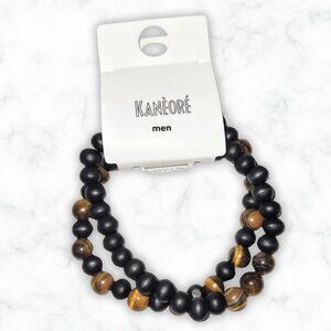 NWT Kanèoré Men's Set of 2 Tiger's Eye Black Wooded Beaded Stretch Bracelets
